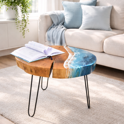 Stolik kawowy dębowy 60 cm Morski z żywicą