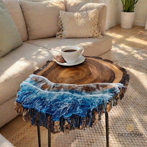 Stolik kawowy z plastra orzecha MORSKI z żywicą