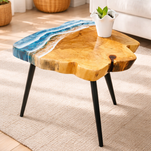 Stolik kawowy drewniany MORSKI z żywicą