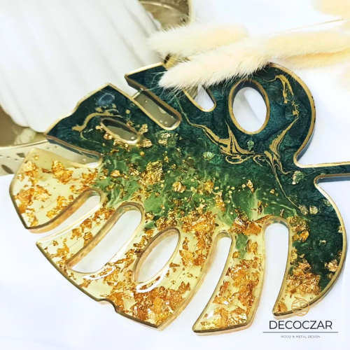 Monstera z żywicy butelkowa zieleń - złota