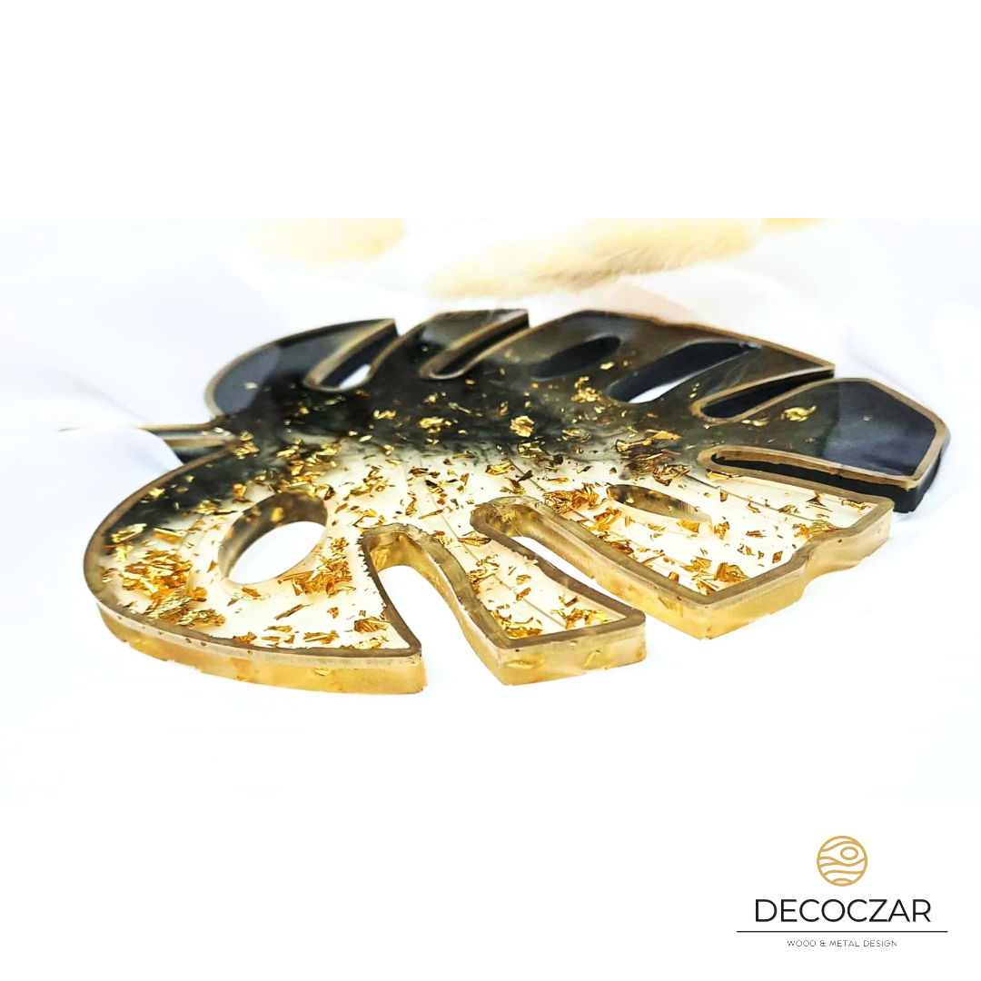 Monstera z żywicy ciemna zieleń - złota - obrazek 5