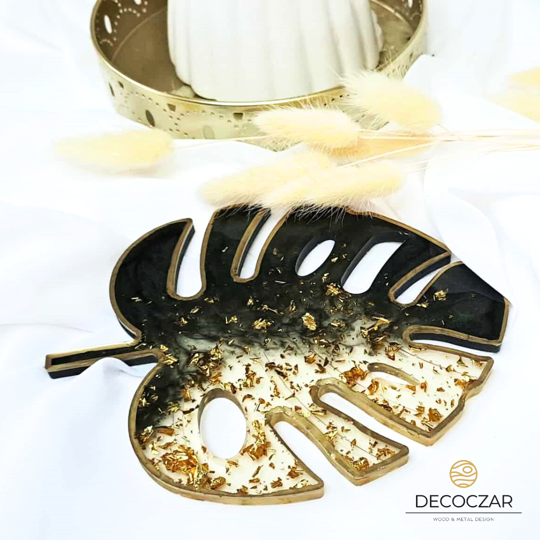 Monstera z żywicy ciemna zieleń - złota - obrazek 3