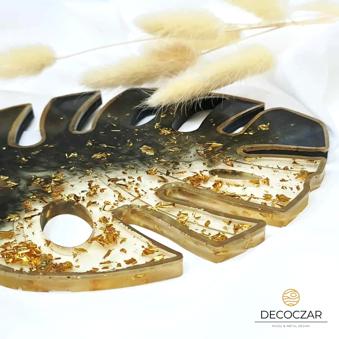 Monstera z żywicy ciemna zieleń - złota - obrazek 2