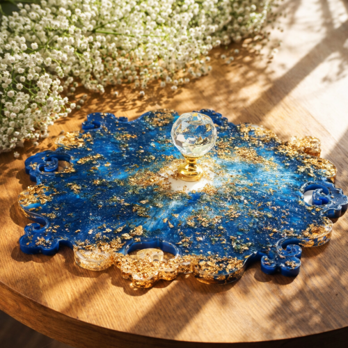 Taca dekoracyjna żywica granatowo złota kryształowa "GOLD QUEEN "