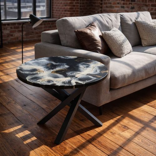 LOFTOWY STOLIK KAWOWY Z ARTYSTYCZNYM BLATEM Z ŻYWICY