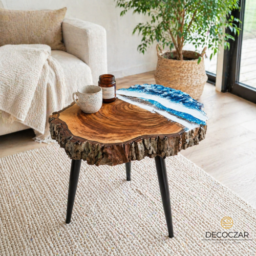 STOLIK DREWNIANY KAWOWY ORZECH WŁOSKI MORSKI ŻYWICA